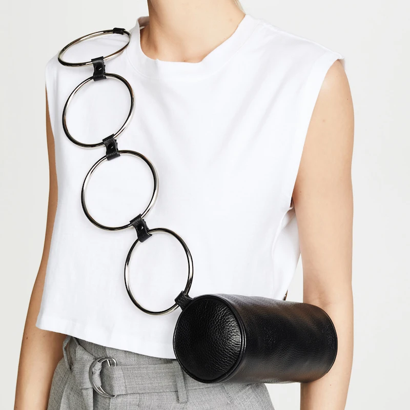 

Дизайнерские женские сумки, круглое металлическое кольцо искусственная кожа, цилиндрическая сумка, клатч, женские сумки, сумка через плечо