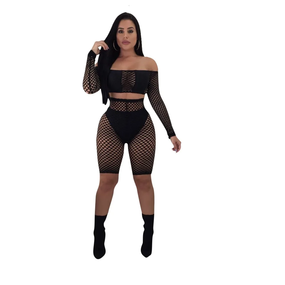 BKLD Women Outfits 2021 Mesh Set Off The Shoulder Top Knee Length Pants Sexy Fishnet Crop Tops S-3XL Plus Size Bodycon Two Piece |