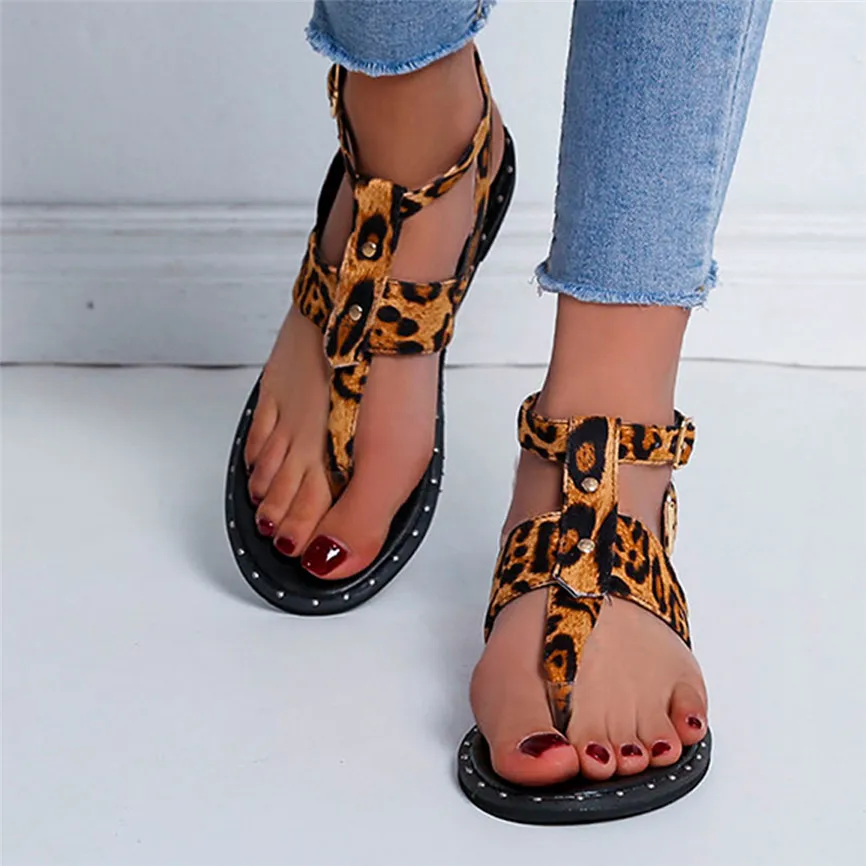 Обувь женская пляжная обувь с открытым носком Летняя в римском стиле леопардовым