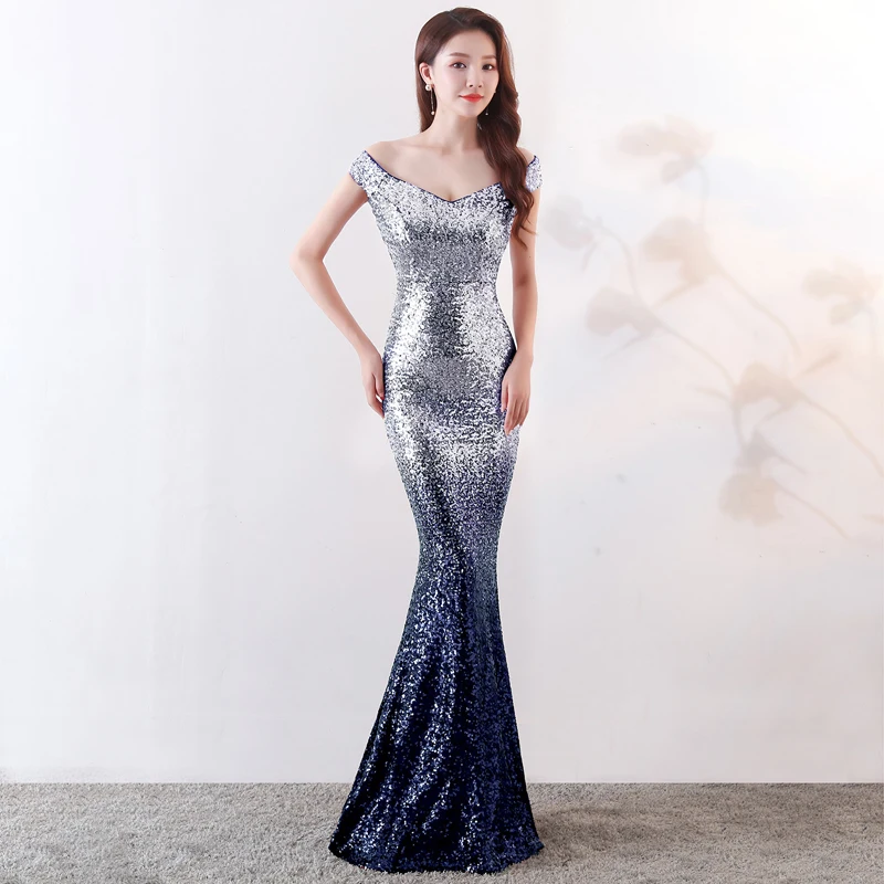 

U-SWEAR 2020 New Arrival Women Sexy Mermaid Prom Dress Off Shoulder V-neck Sequined Vestidos De Fiesta Largos Elegantes De Gala