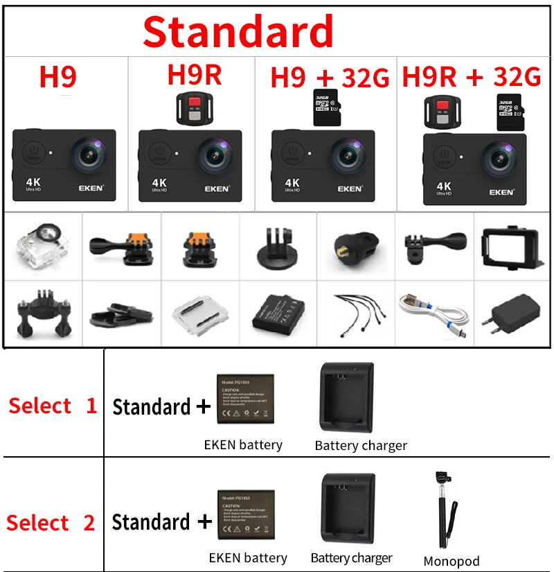 eken H9 H9R экшн Камера со сверхвысоким разрешением Ultra HD, 4K 25fps 1080P 60fps Wi-Fi 2 170D мини для занятий подводными видами Водонепроницаемый шлем Спортивная водоотталкивающая Камера GoPro