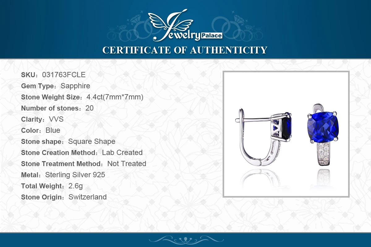 JewelryPalace Подушки 4.6ct Создана в Синий Сапфир Клип На Серьги Стерлингового Серебра 925