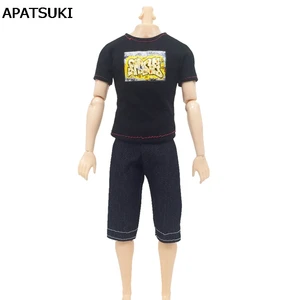 Красивая Повседневная Одежда для куклы Кен, черная футболка + джинсовые штаны, короткие для куклы Барби парень Кэн, Мужская кукольная одежда