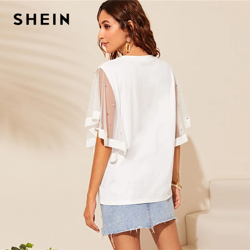 SHEIN Женская Футболка с рукавами-крылышками и жемчужинами, белая однотонная Элегантная футболка с коротким рукавом и круглым вырезом, летние топы