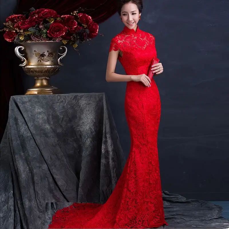 Красное Кружевное сексуальное платье с открытой спиной Cheongsam, длинное свадебное платье для невесты, китайское вечернее платье, женское свадебное платье Qipao, Современные вечерние платья, Халат