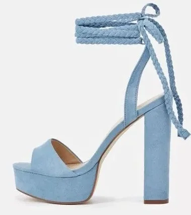 

Elegant Sky Blue Chunky Heels Sandal Women High Platform Ankle Braided Tied Up Dress Shoes Peep Toe Thick Heel Summer Sandals