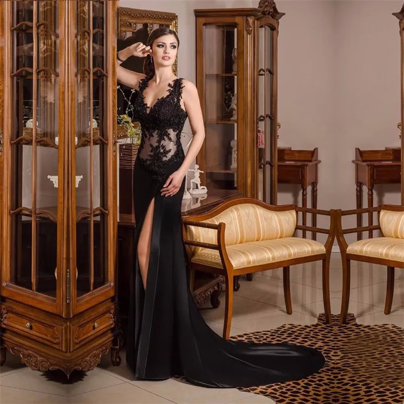 Горячая Продажа Русалка Длинные Пром Платья V Шеи Аппликации Бисероплетение