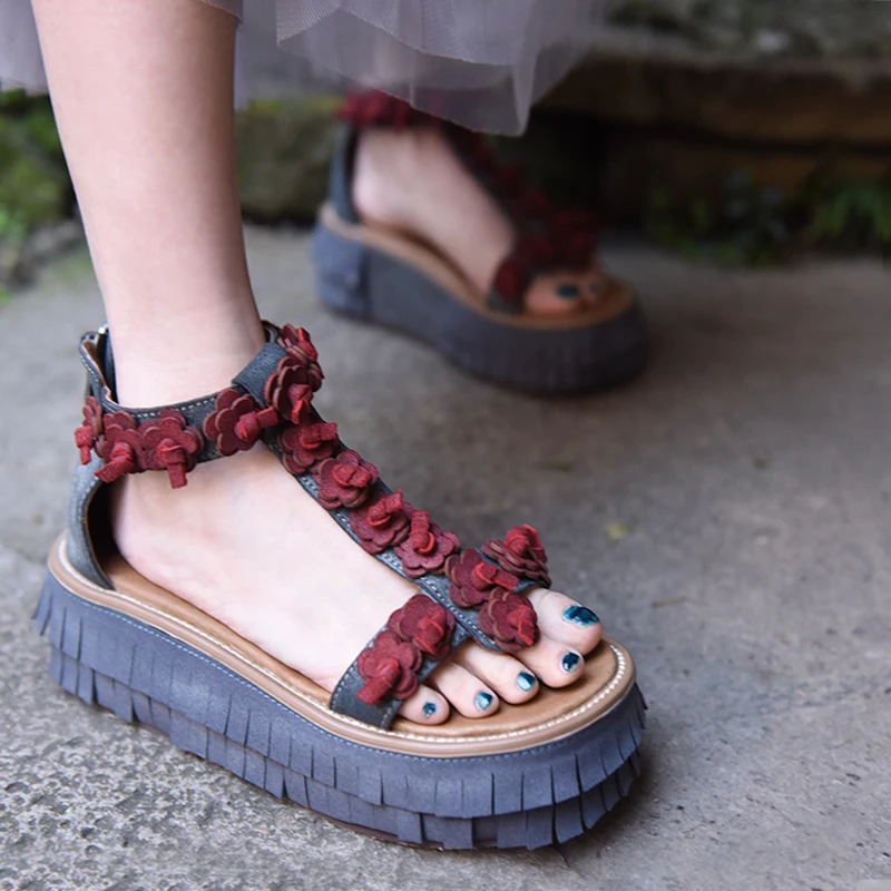 Му новый оригинальный стиль ретро цветы ручной работы кистями сандалии женская