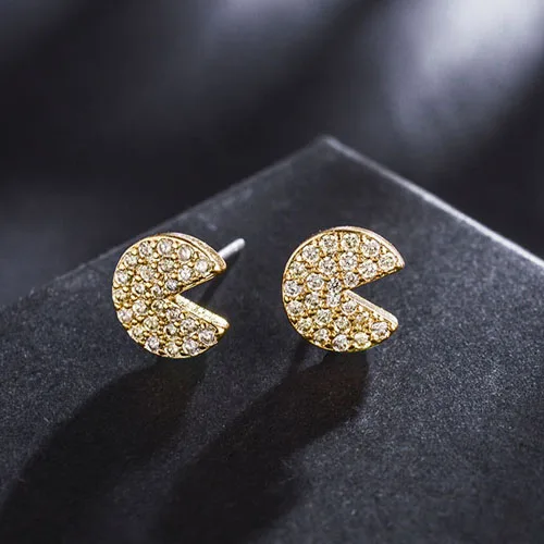Gold Plated Новые модные забавные мини-серьги Pac-Man, изысканная микро-мозаика AAA+ CZ и жемчуг, S925 Серебряные серьги-гвоздики для женщин - Окраска металла: Gold Plated