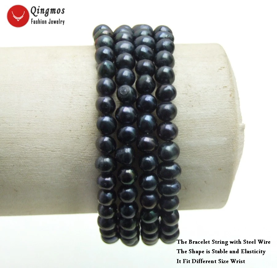 Qingmos Trendy Natural Pearl Bracelets for Women with 4-5mm Round Black Steel Wire Wrap Bracelet Fine Jewelry 28'' bra446 |