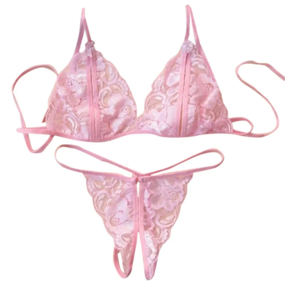 

Womens Erotic Lingerie Lace Babydoll 2 Piece Bras Set With Bow Open Cup Crotchless Thong G-String Underwear Costume Nightwear
