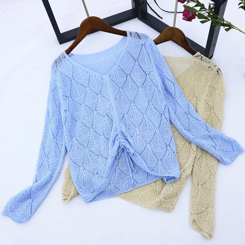 GIGOGOU Spring Summer Autumn Women Sweater V Neck Hollow-out Pullovers Drawstring Long Sleeve Crop Top Knit Lurex Jumper Female | Женская