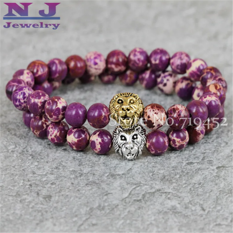

2015 New Arrival Men Jewelry Wholesale 8mm Purple Sea Sediment Stone Beads Antique Silver and Gold Lion Bracelets Gift