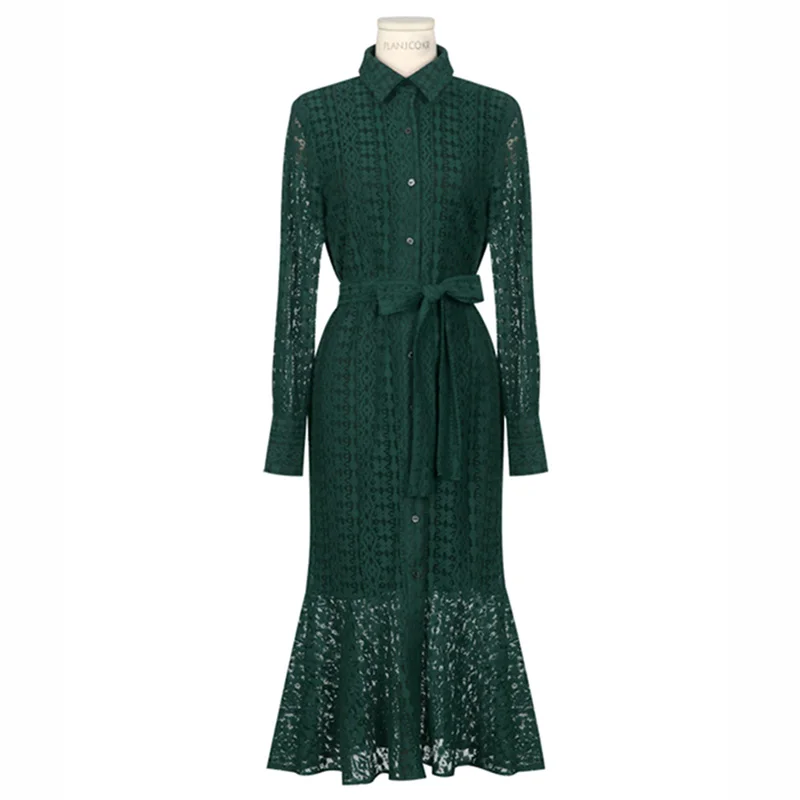 dark green Модное кружевное платье с длинным рукавом, весна, женское, с вырезом, тонкое, для работы, офиса, для девушек, винтажное, длинное, элегантное, vestidos mujer - Цвет: dark green