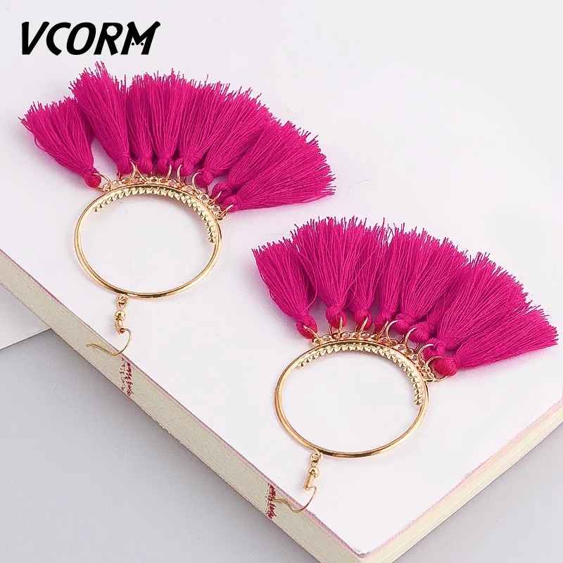Rose red VCORM, богемные серьги с кисточками, большие висячие серьги для женщин, модные ювелирные изделия, серьги, красный, черный, хлопок, шелк, ткань, бахрома, серьги, подарок - Окраска металла: Rose red