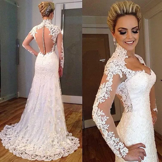 

2018 Sexy illusion long Sleeve Applique Lace Bridal Gowns vestido de noiva casamento robe de mariage Dresses