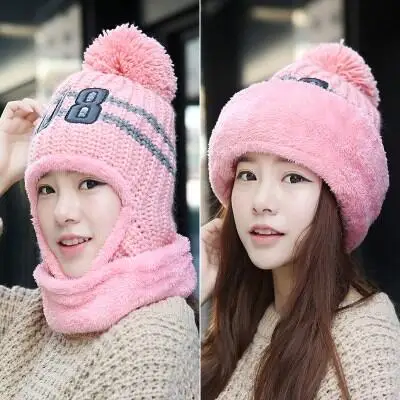 pink 3 BINGYUANHAOXUAN, теплая вязаная шапка, Меховая кепка с помпонами, маска, зимняя женская шапка, шерстяная шапка Skullies, Женская Балаклава, сакрф, 25 цветов - Цвет: pink 3