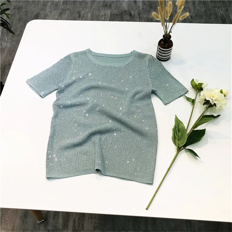 2021 Летняя мода уличная Bling Стразы женские футболки стильная футболка Топы B