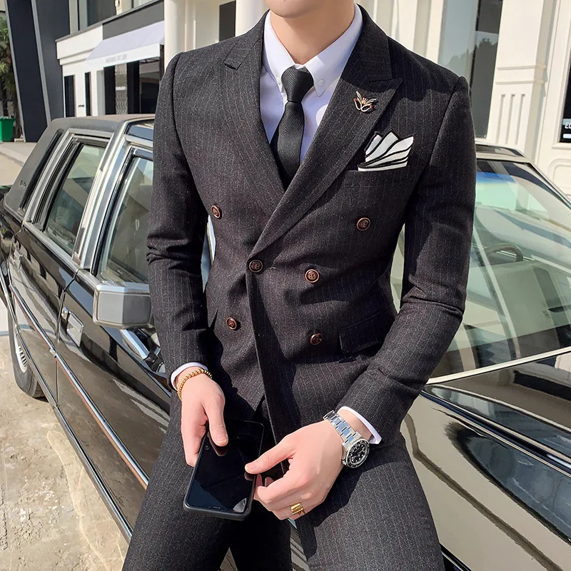 

Man Solid Color Dark Stripes Double-breasted Suits Wedding Groomsmen Dress Costume Hommes Du Mariages Trois Pieces