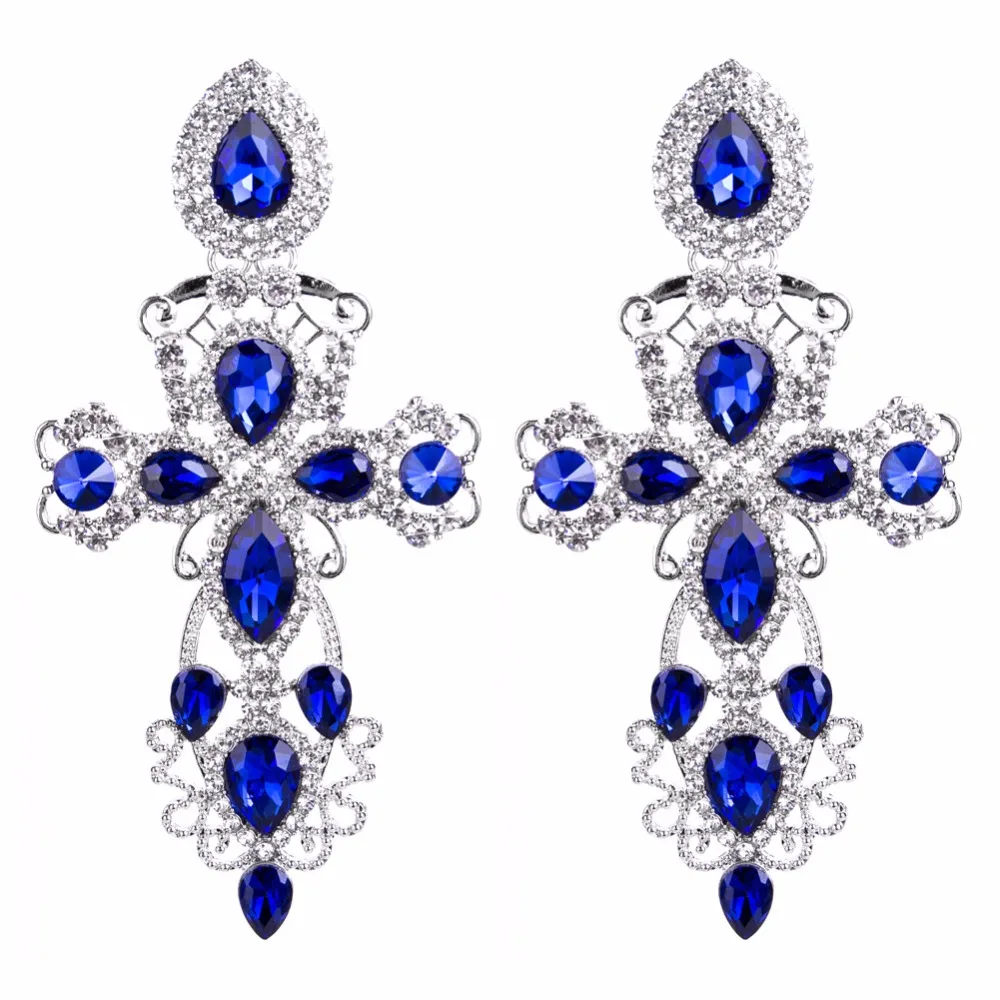 Luxury Gorgeous Blue Crystal Stone Cross Pendant Earrings for Women Baroque Fashion Drops Dangle Big Earring Jewelry Украшения и