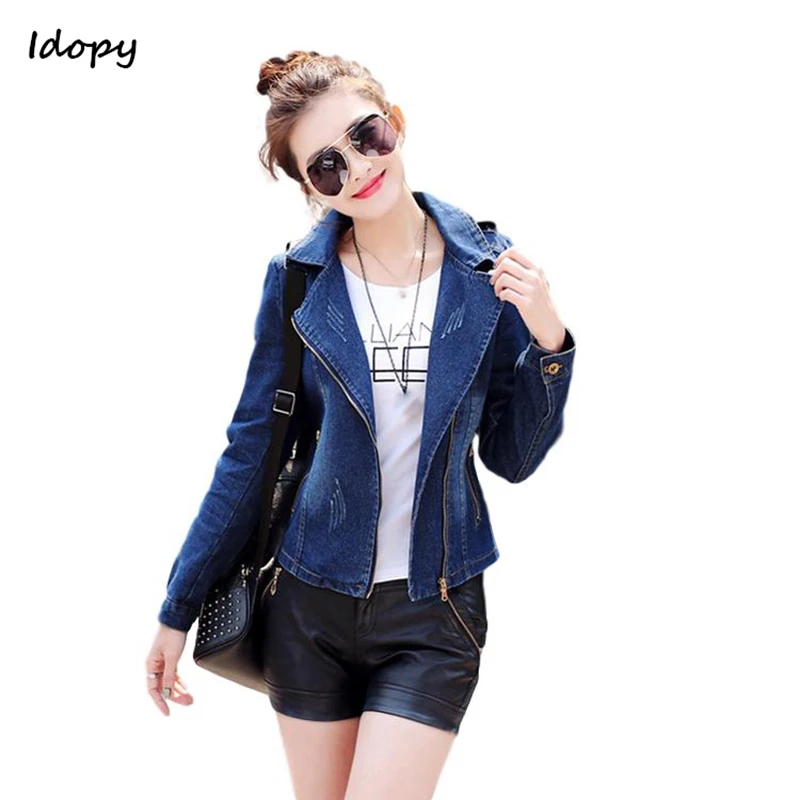 Idopy-chaqueta vaquera ajustada para mujer, abrigo informal de manga larga con cuello de etiqueta para motocicleta, camionero, motociclista, azul