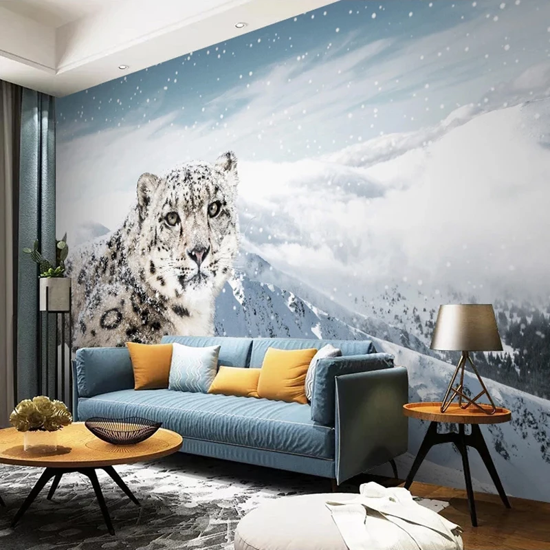 Пользовательские 3D фото плакат на стену фрески животное Леопард снег горы