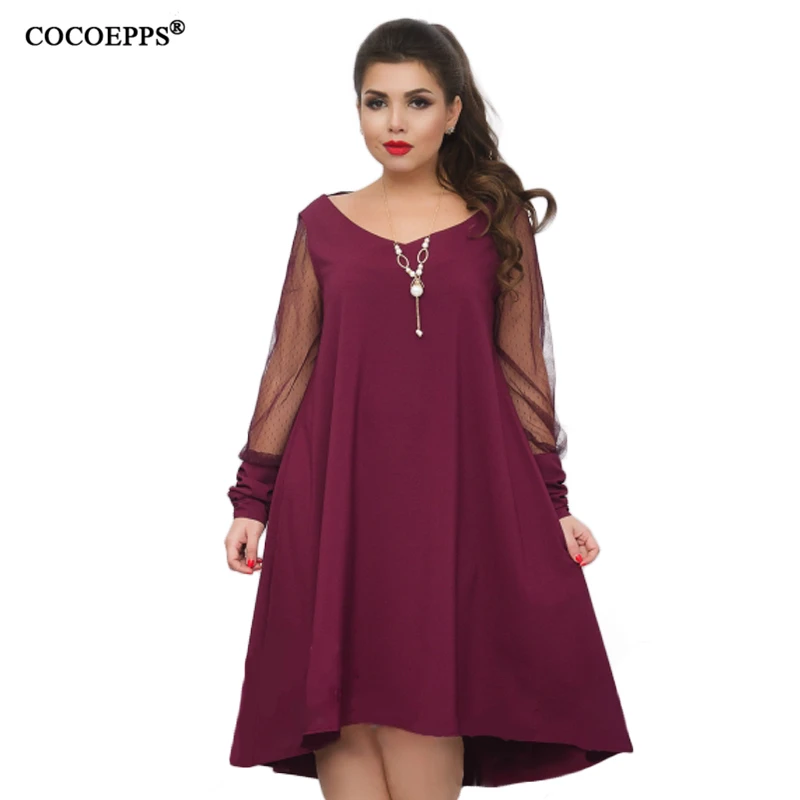 Свободное однотонное женское платье COCOEPPS 5XL 6XL 2019 Прозрачное большого размера с