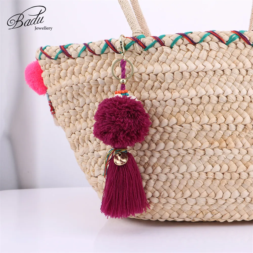 Badu Pompom Key Chain Purple Cotton Tassel Vintage Statement jewelry Shell Fringe Autumn Winter Wholesale | Украшения и