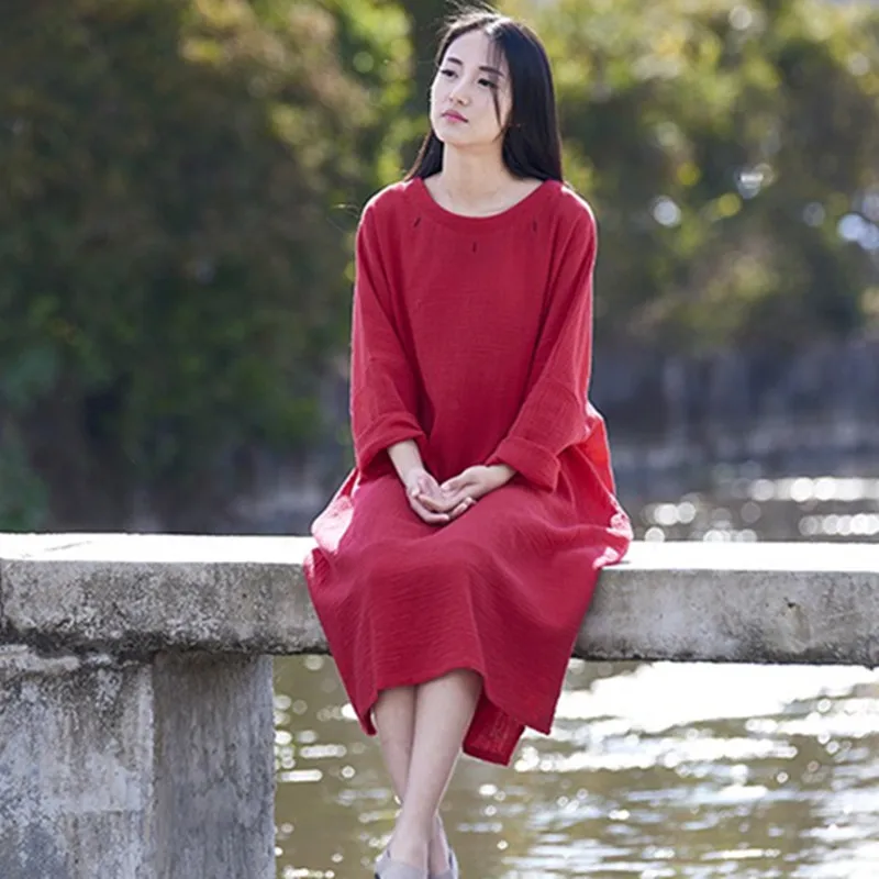 Женские винтажные двухслойные платья из хлопка и льна с длинным рукавом 4 цвета