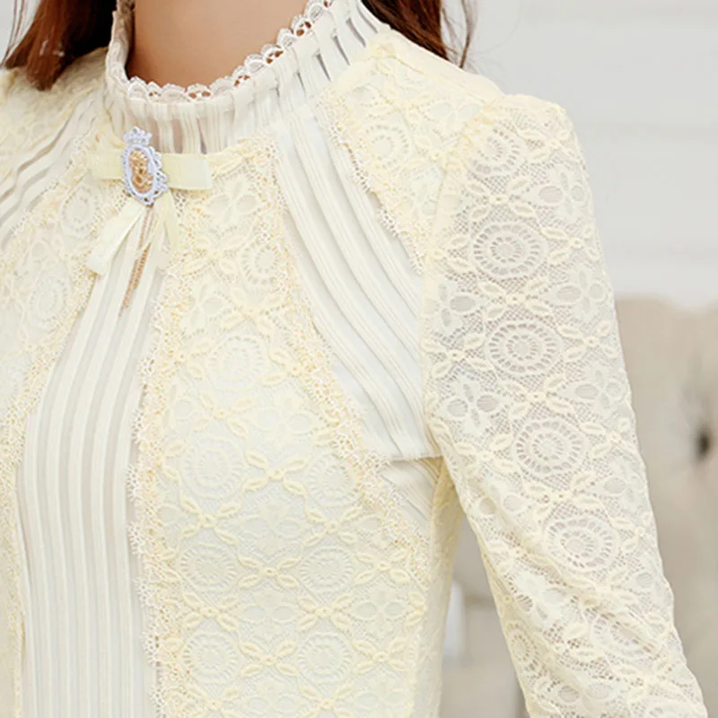 Новинка Осень Модная женская кружевная блузка плюс размер с длинным рукавом