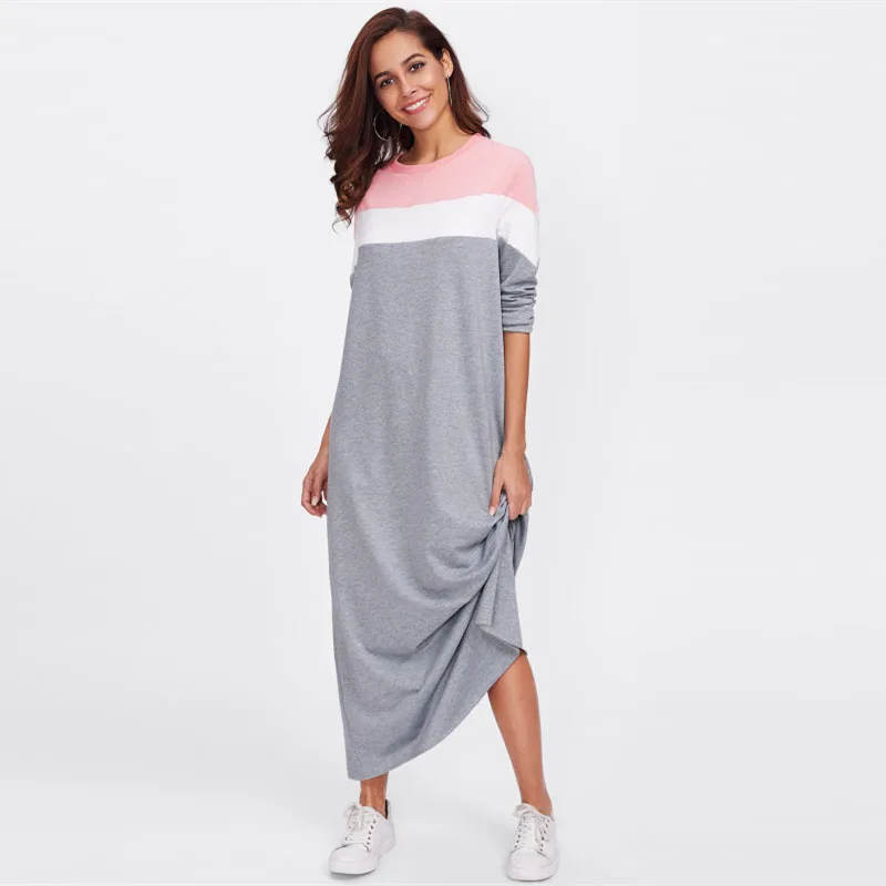 Dotfashion платье-толстовка с вырезом и вышивкой, разноцветное платье с круглым вырезом, Осеннее женское платье, платье с длинным рукавом