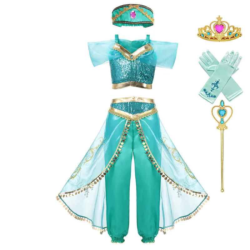 7PCS Set Детский комплект одежды из топа и штанов с изображением Аладдина и волшебной лампы «Принцесса Жасмин» с повязкой на голову для девочек; платье для дня рождения «Жасмин» для костюмированной вечеринки - Цвет: 7PCS Set
