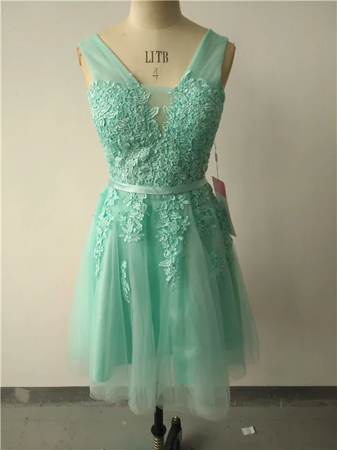 Недорогое Платье до 50$ А-силуэта длинное короткое платье с аппликацией Vestido de Festa без рукавов торжественное вечернее платье для вечеринки платье для выпускного вечера es - Цвет: mint green short
