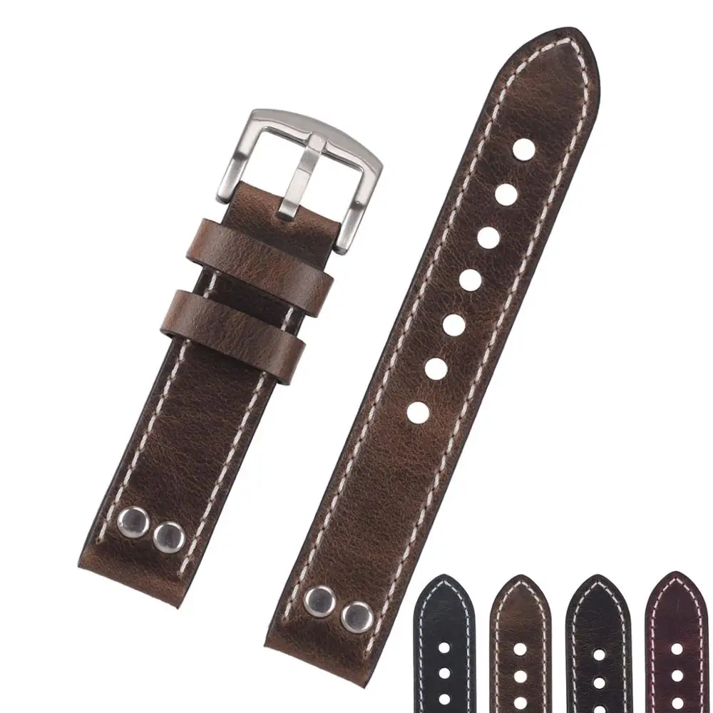 Ремешок для часов EACHE из вощеной кожи дизайнерский браслет с заклепками чёрный