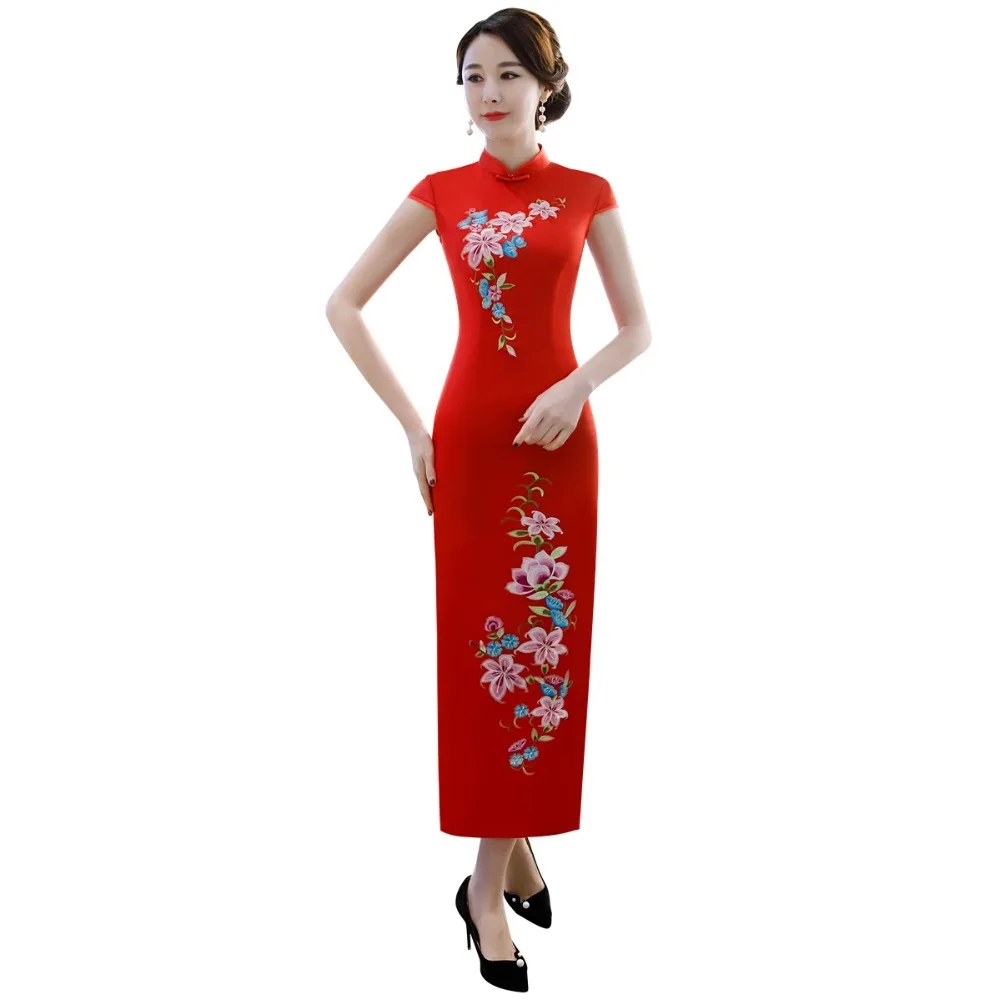 Женское платье Qipao длинное из искусственного шелка с коротким рукавом и