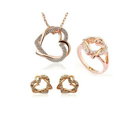 Fashion vintage spirally-wound hot-selling full rhinestone double heart necklace ring earrings jewelry set | Украшения и