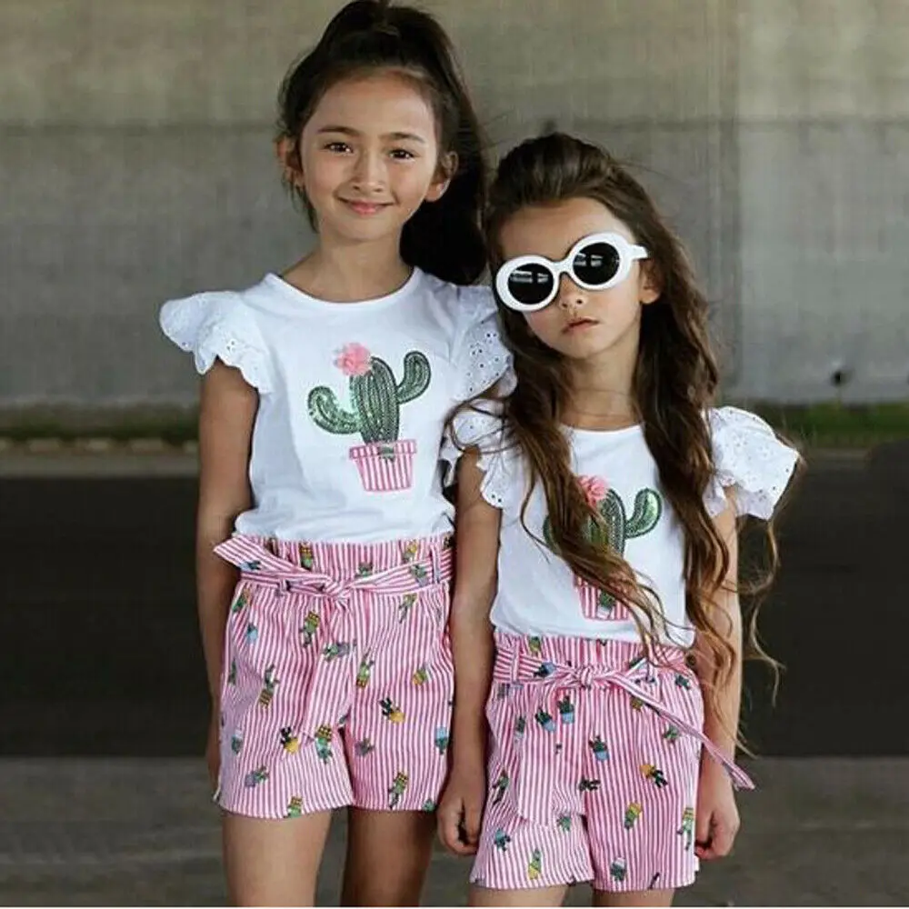 2019 Brand Infant Newborn Baby Girls Short Sleeve T-shirt Cactus Print + Striped Shorts Summer Beach Outfit Set | Детская одежда и