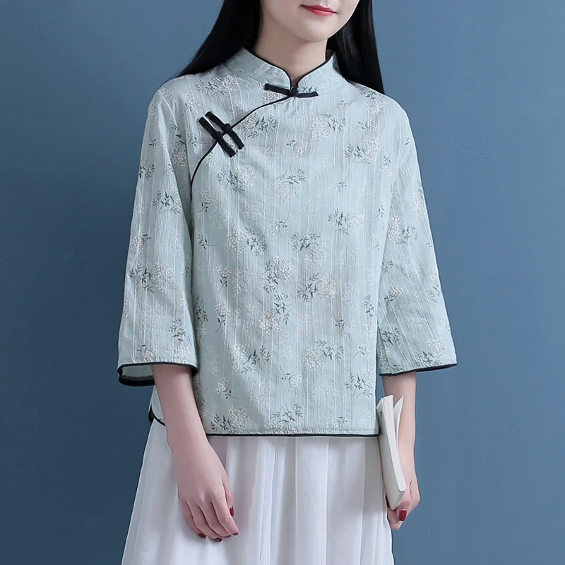 summer Vintage Chinese style jacquard Knot Button female shirt blouse mori girl |