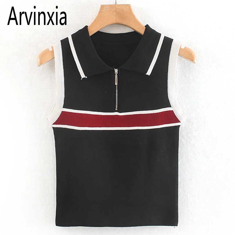 Arvinxia ZA сексуальные однотонные Лоскутные женские футболки на молнии без рукавов