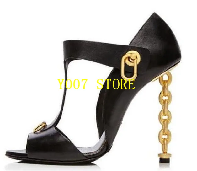 Черный EMMA KING Fashion Runway Shoes Metal Chain High Heels Women Sandals Summer Shoes Peep Toe Ladies Prom Shoes Plus Size 35-43 - Цвет: Черный