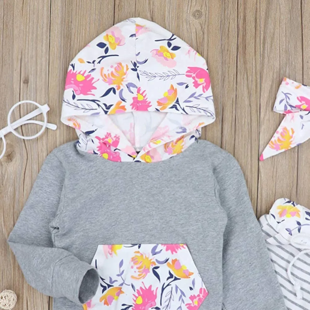 Oklady Baby Girl Outfits Florals Hoodie Top with Pocket Striped Long Pants and Headband Clothes Set | Детская одежда и обувь