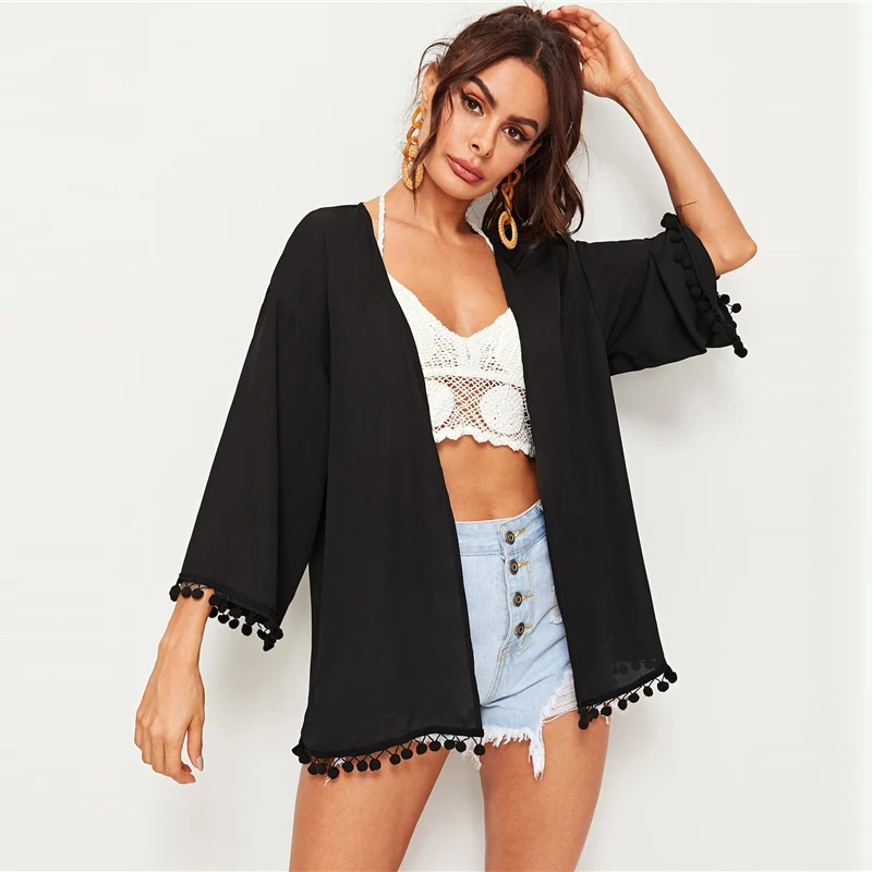SHEIN однотонное кимоно с помпонами Черное Шифоновое Бохо женское весеннее осеннее длинное кимоно с длинным рукавом