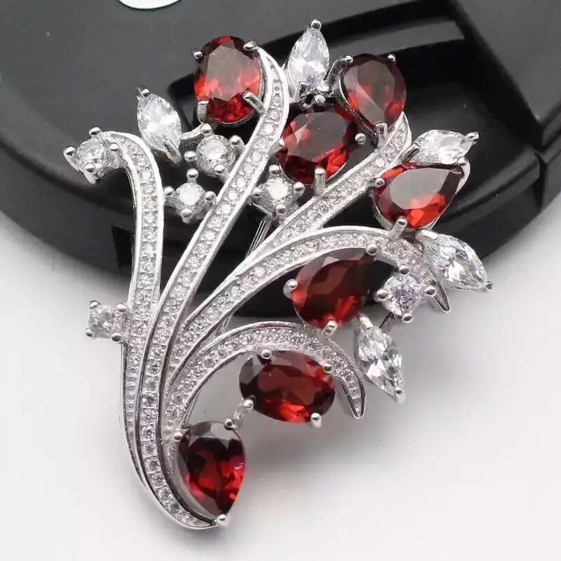 Natural red garnet brooch S925 silver gemstone Pendant trendy Elegant flowers women party fine jewelry | Украшения и аксессуары