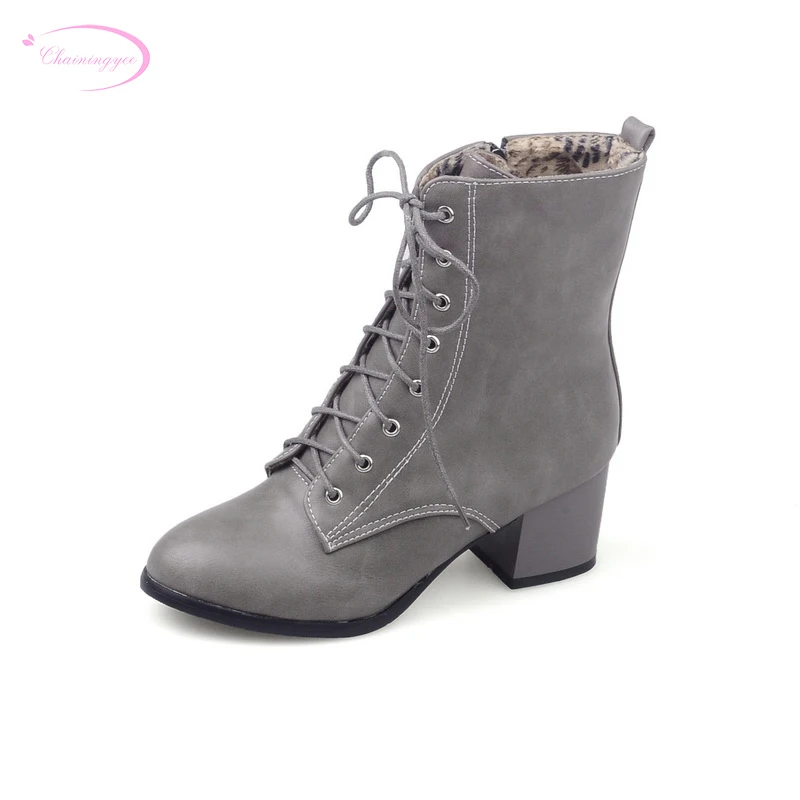

Chainingyee casual comfortable round toe autumn ankle boots fashion lace up beige grey black high-heeled women riding boots