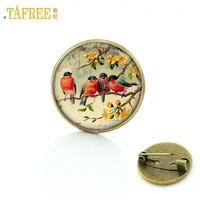 tafree cute bird vintage brooch for woman glass cabochon dome art picture pins badge for suit sweater carves animal jewelry bp01