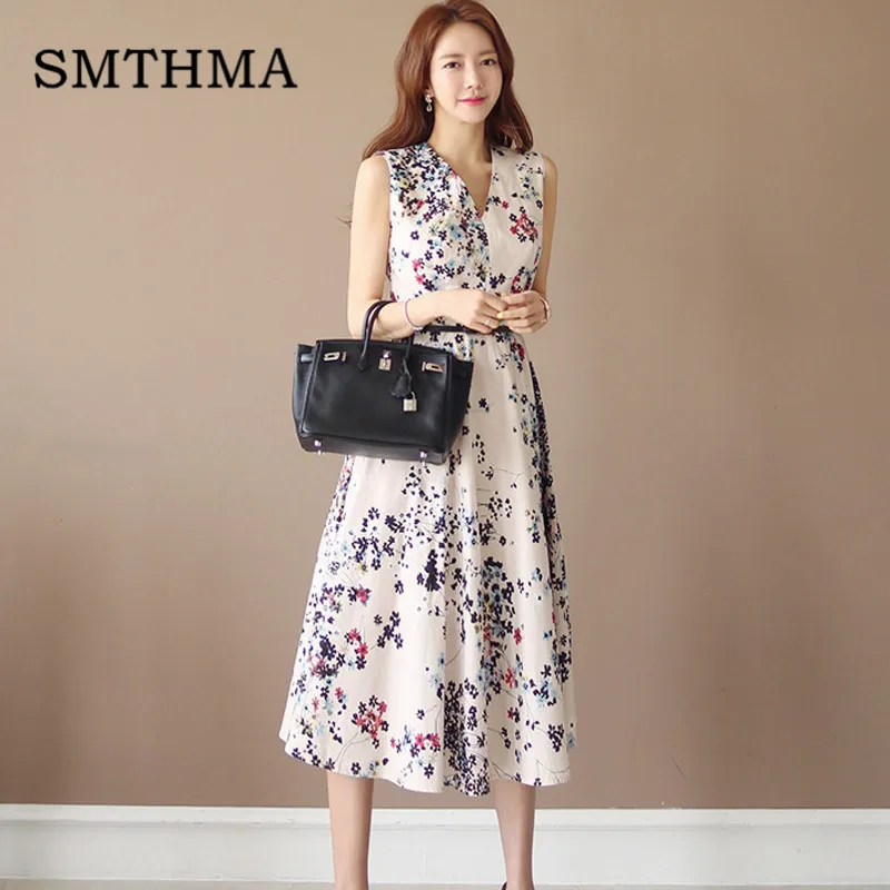 Photo Color SMTHMA, новое модное Летнее цветочное платье, женское платье-майка без рукавов, сексуальное повседневное пляжное платье с v-образным вырезом, Vestidos - Цвет: Photo Color