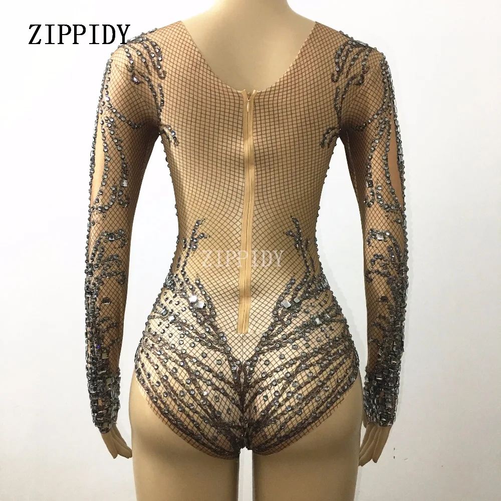 Sparkly Black Crystals Nude Bodysuit Glisten Rhinestones Stretch Leotard Party Celebrate Stage Wear Performance Outfit Costume