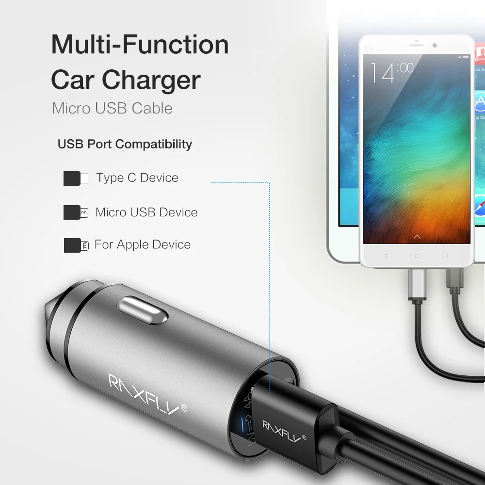 Автомобильное зарядное устройство RAXFLY USB Micro Lighting кабель для iPhone XS Max Samsung Tablet