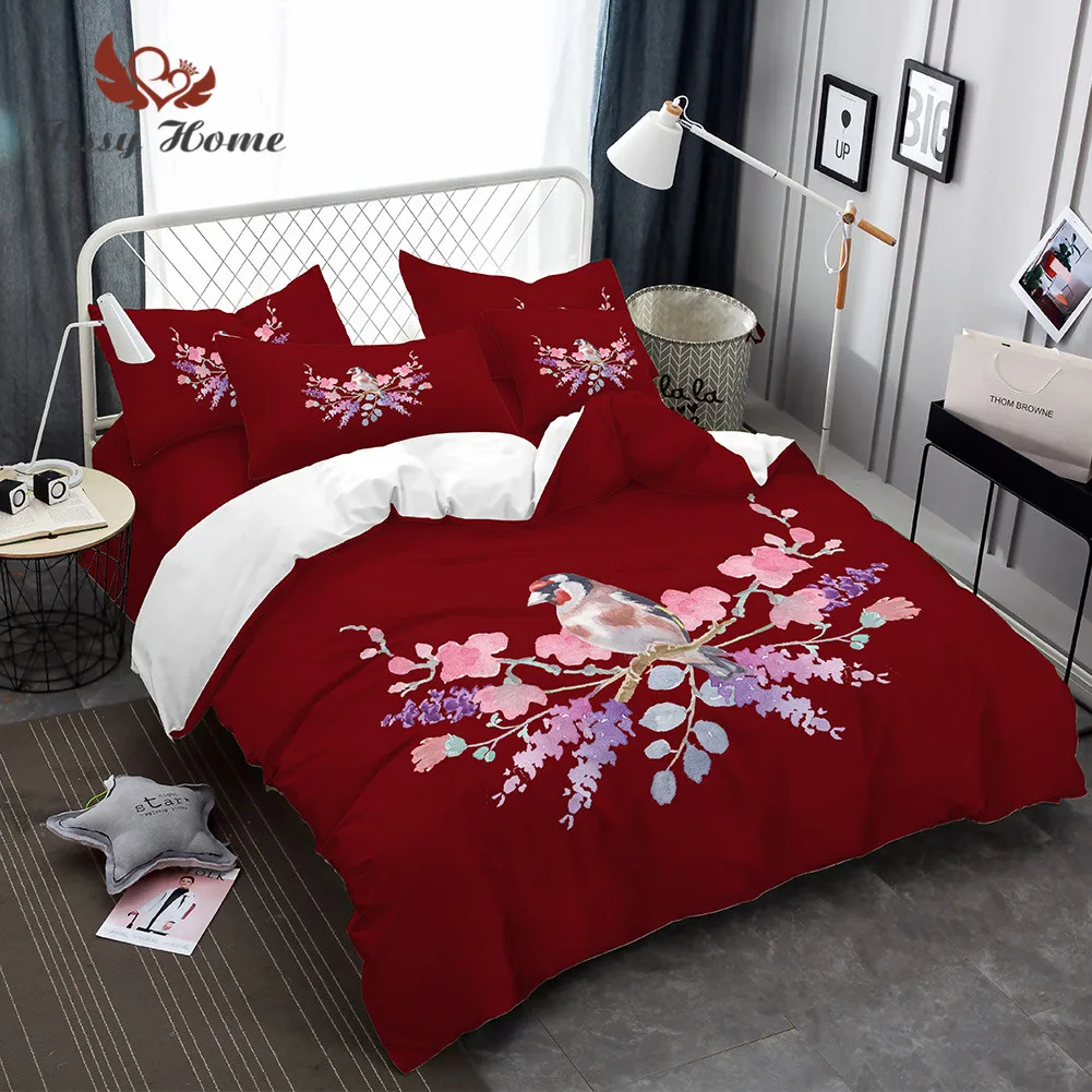 Bird Bedding Set Queen Size Pink Watercolor Flower Duvet Cover Cartoon Bed 3pcs US/AU/RU with Pillow Case M1445 | Дом и сад