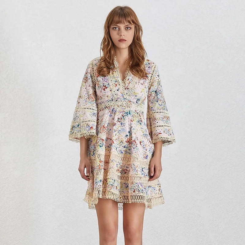 Floral TWOTWINSTYLE, женское мини-платье с принтом, v-образный вырез, расклешенный рукав, высокая талия, короткие платья, женская мода, повседневная Новинка - Цвет: Floral
